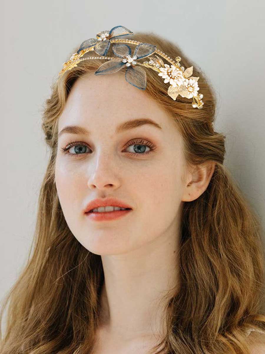Gold Headband with Rhinestone and Pearl Flower Charm