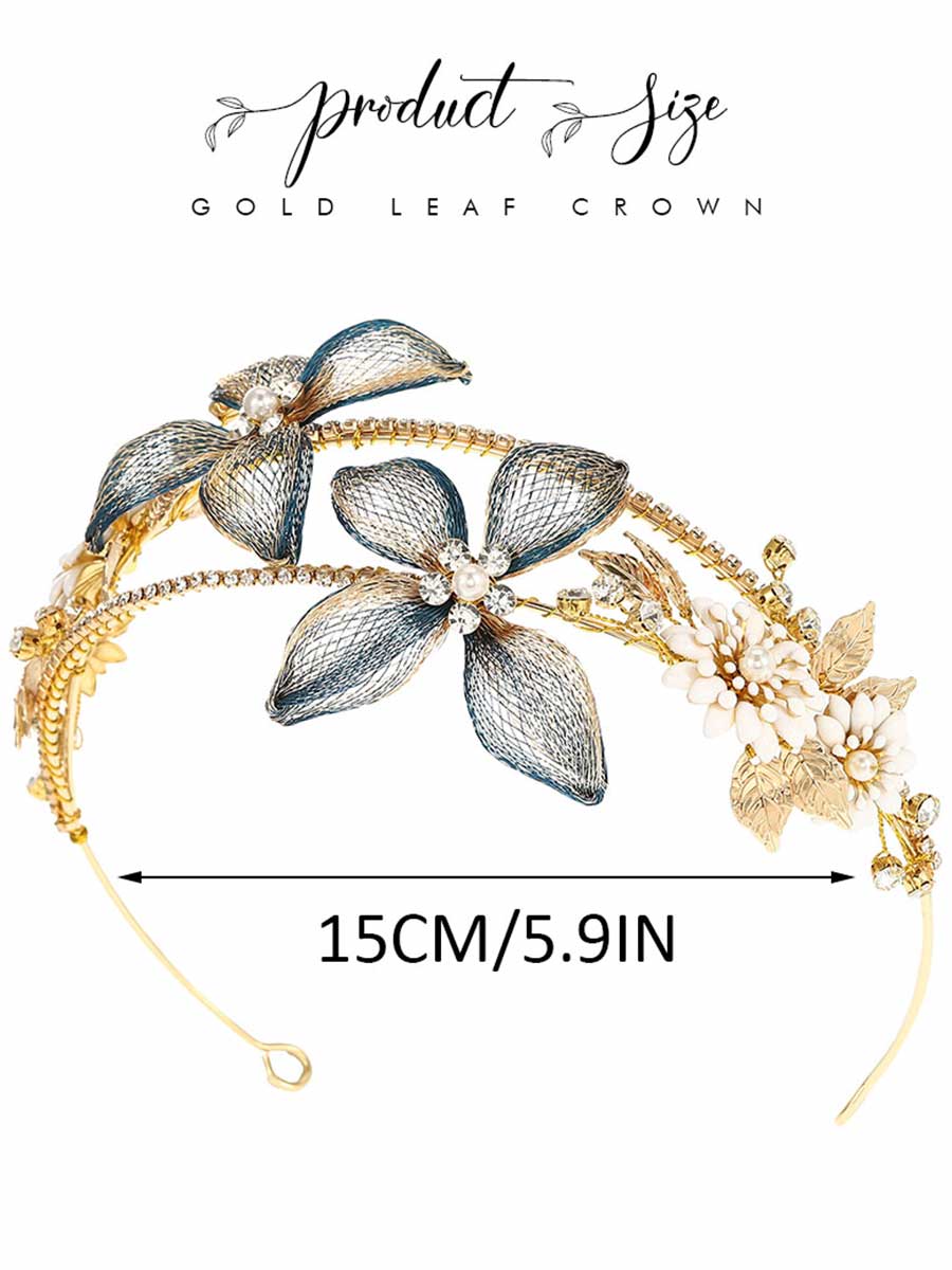 Gold Headband with Rhinestone and Pearl Flower Charm