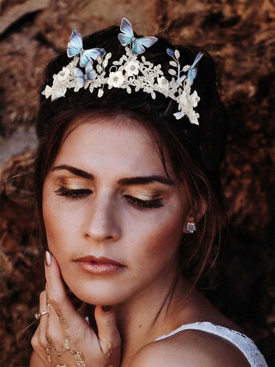 Blue Butterfly Silver Rhinestone Crown