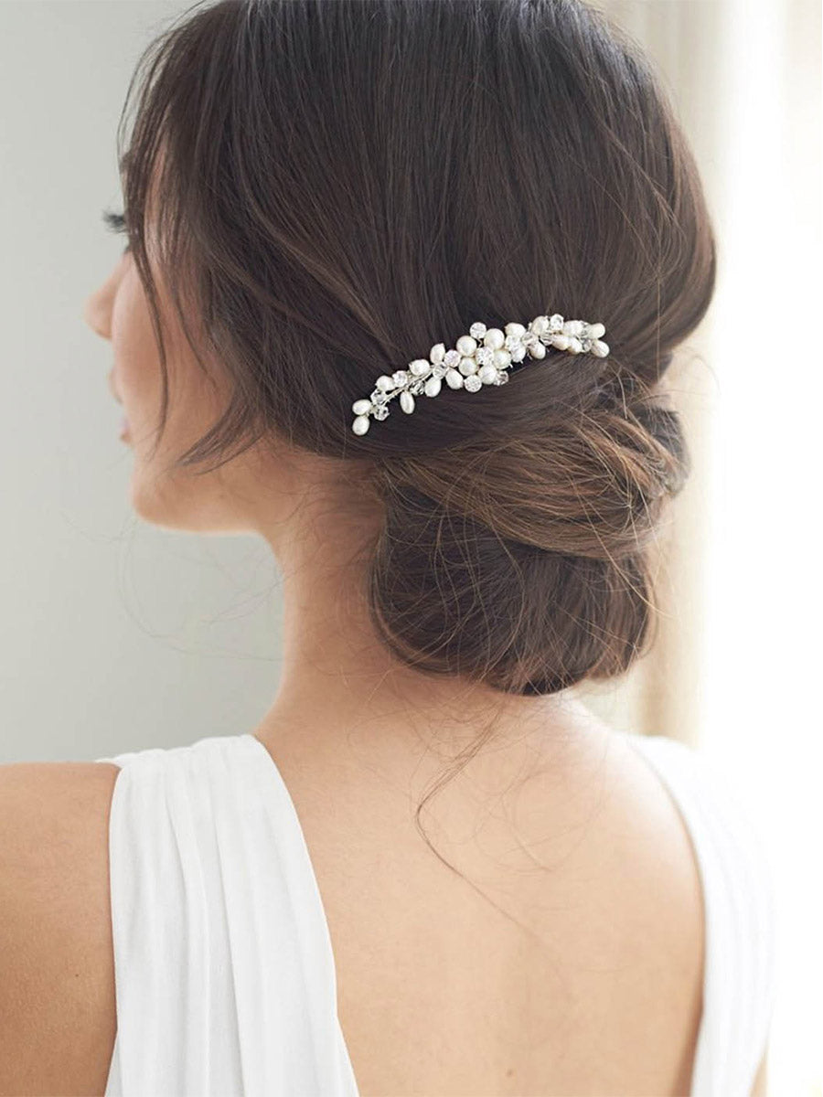 Silver Hair Comb with Pearls and Rhinestones