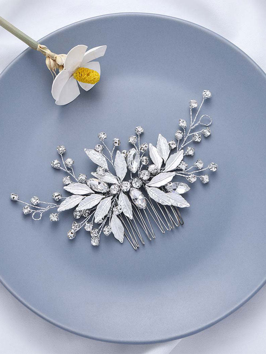 Silver Leaf Rhinestone Wedding Hair Comb