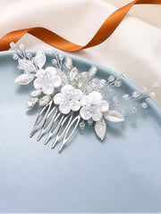 White Flower Silver Leaf Opal Rhinestone Hair Comb