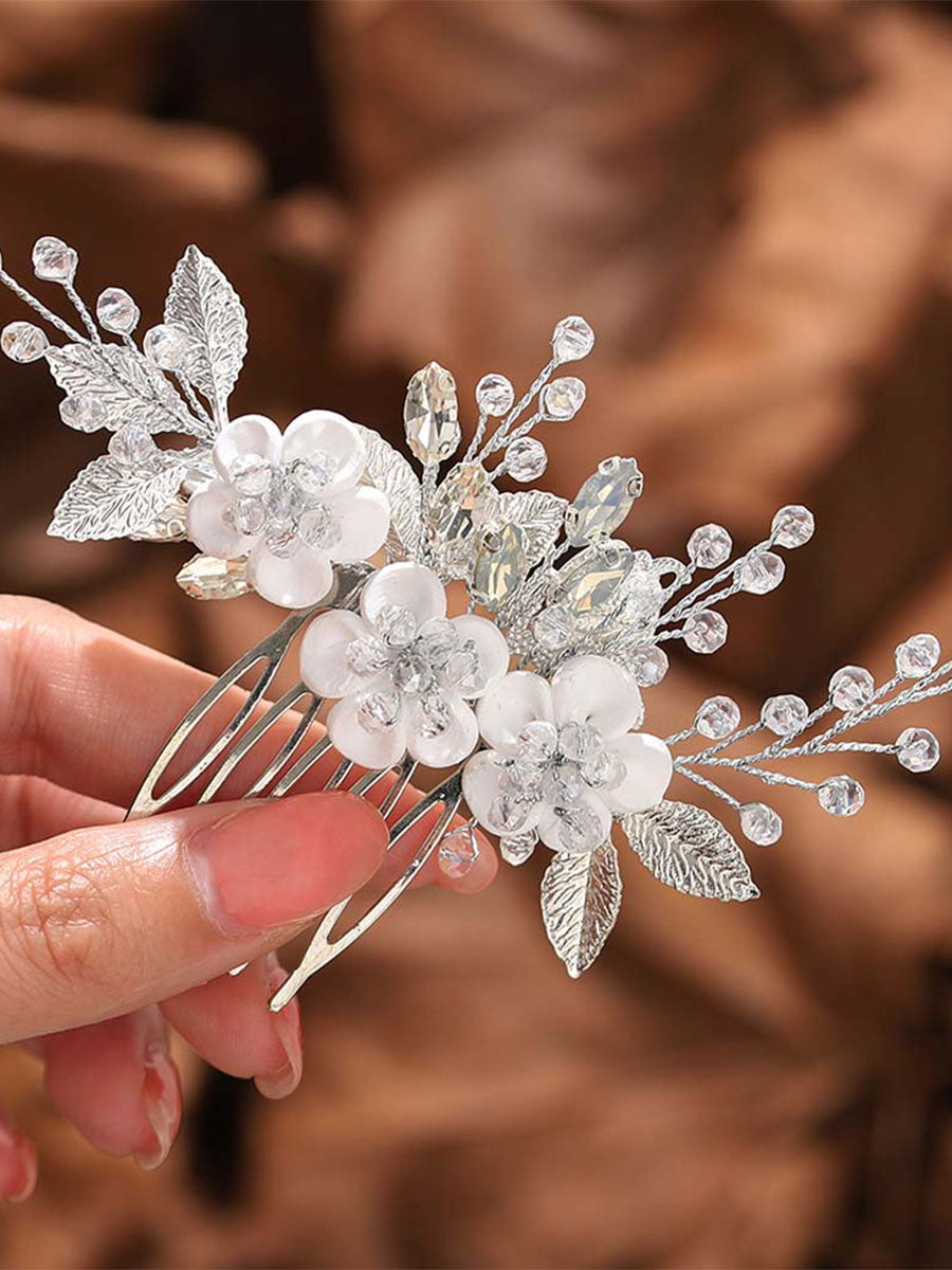 White Flower Silver Leaf Opal Rhinestone Hair Comb