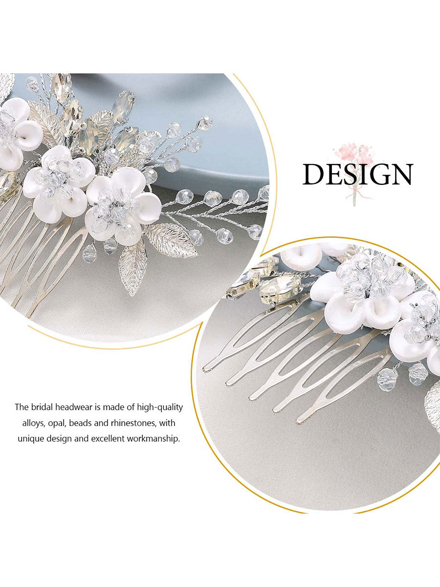 White Flower Silver Leaf Opal Rhinestone Hair Comb