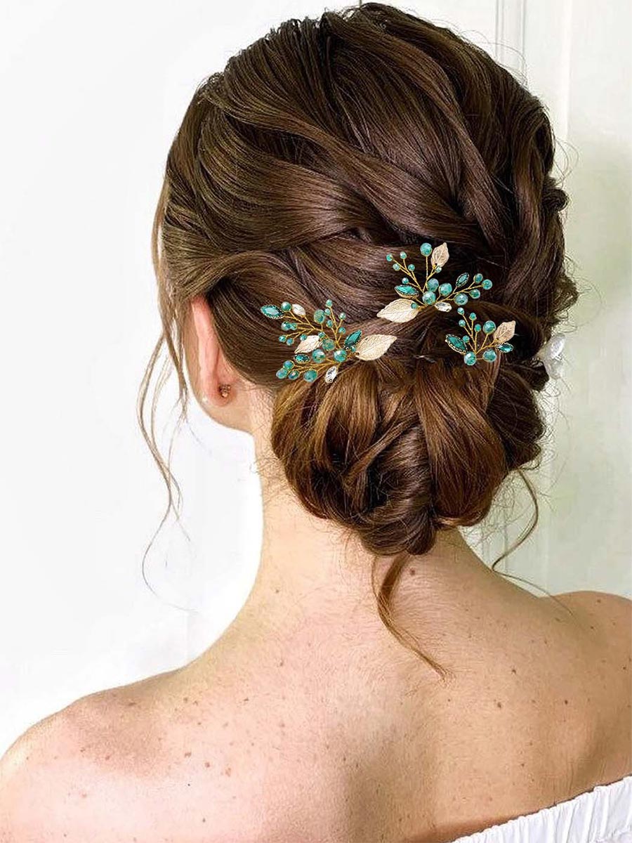3-Pack Emerald Green Rhinestone Gold Foil Hairpins