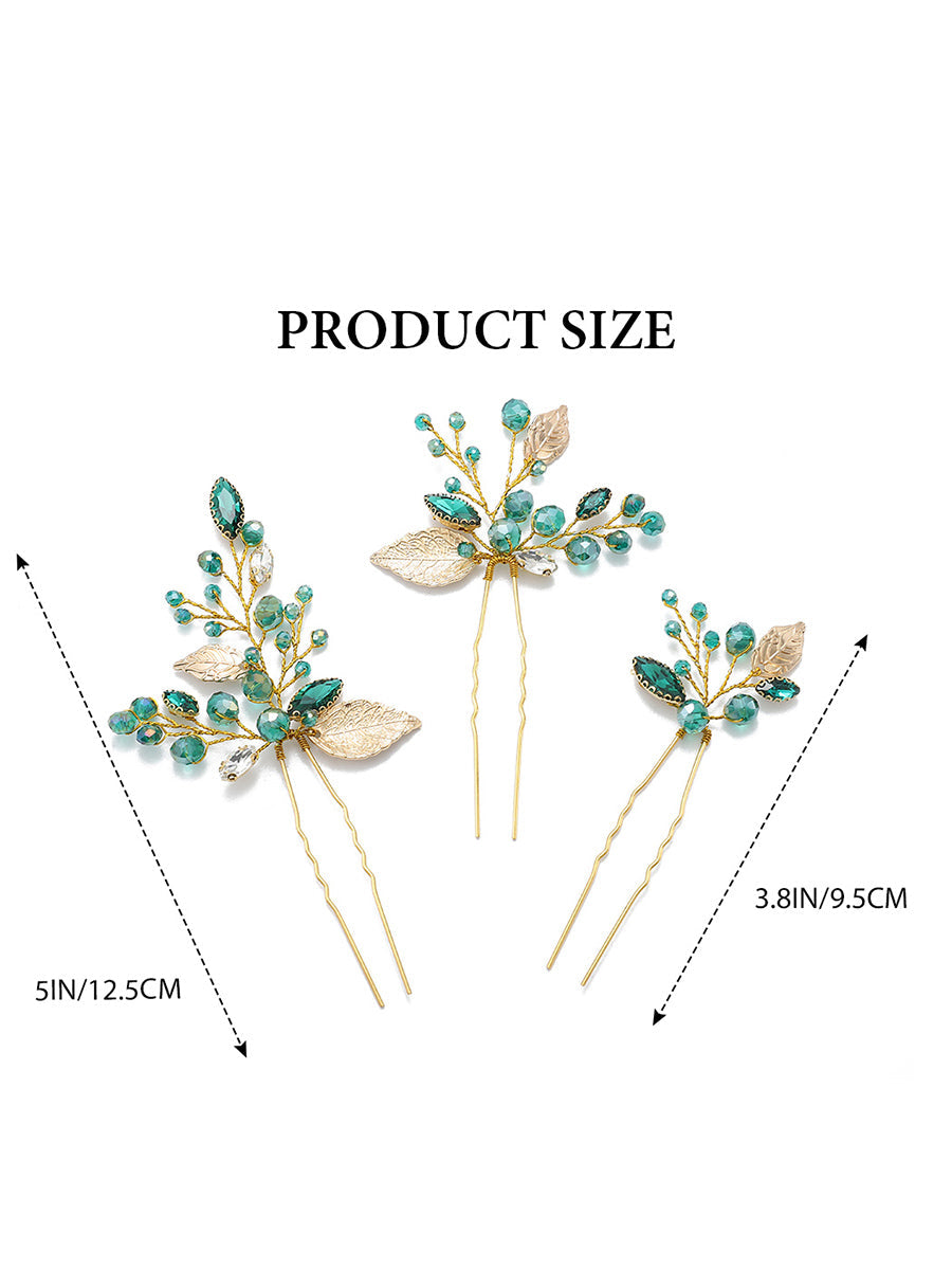 3-Pack Emerald Green Rhinestone Gold Foil Hairpins