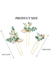 3-Pack Emerald Green Rhinestone Gold Foil Hairpins