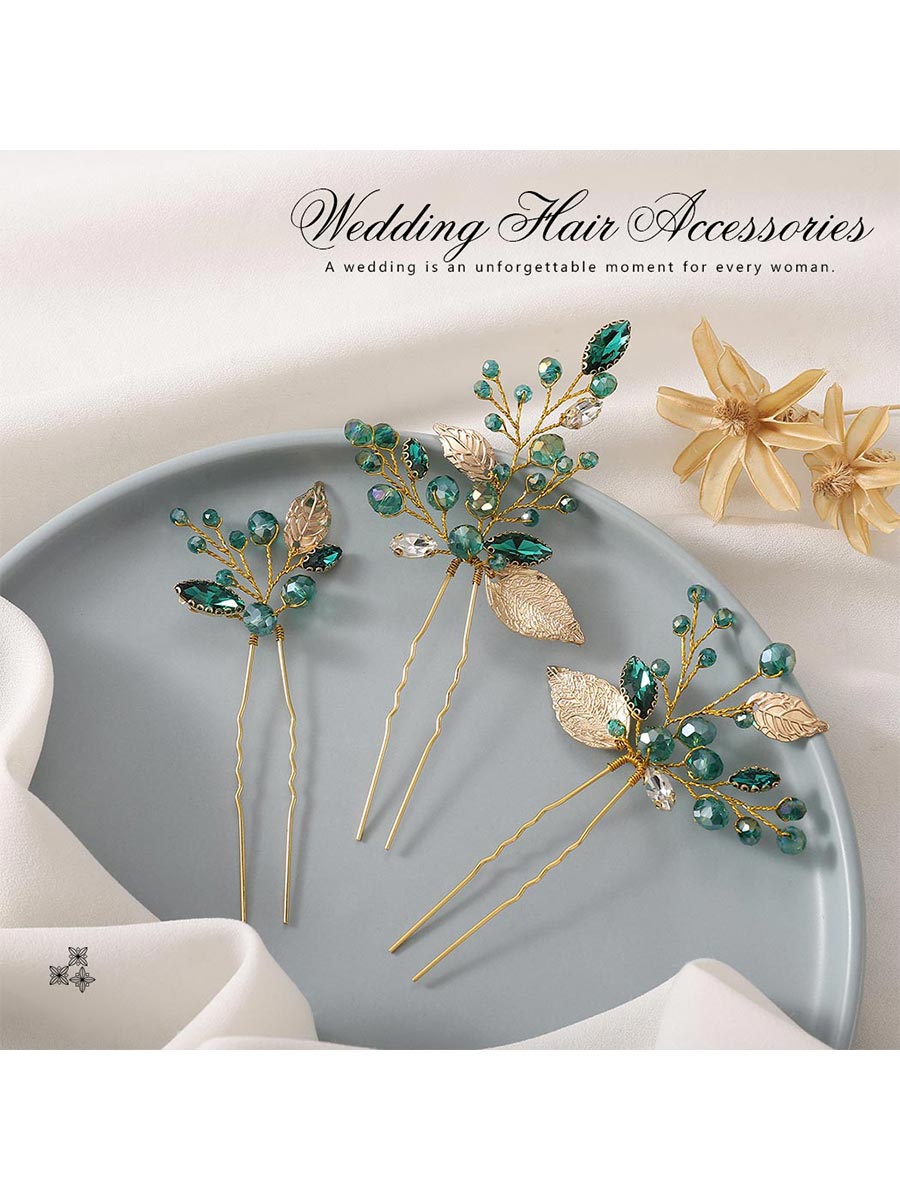 3-Pack Emerald Green Rhinestone Gold Foil Hairpins