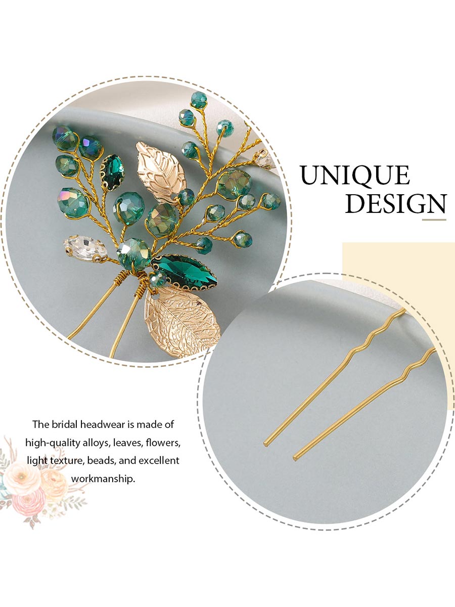 3-Pack Emerald Green Rhinestone Gold Foil Hairpins
