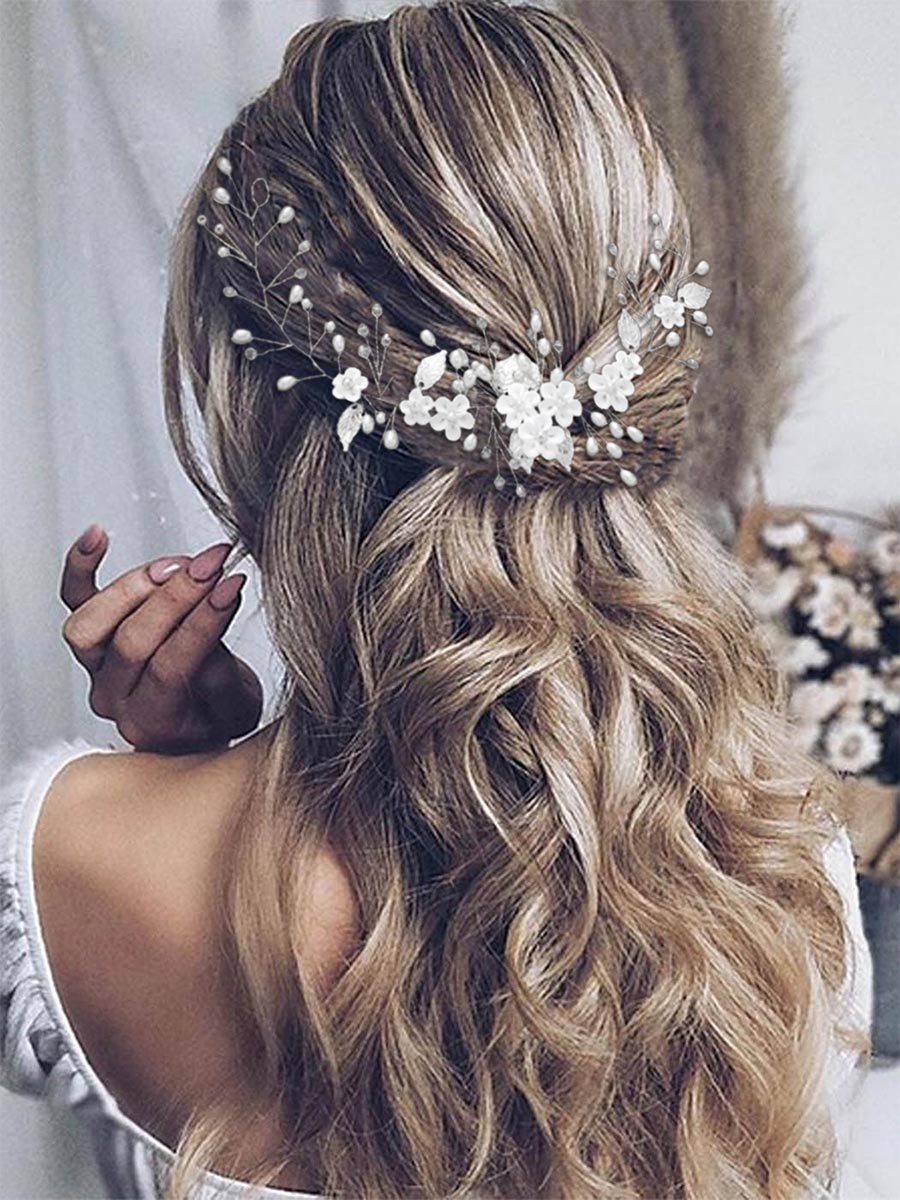 Silver Vine White Flower Leaf Pearl Hair Accessory