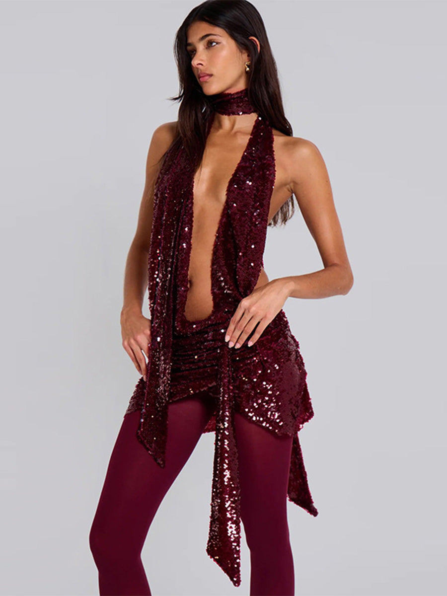 Spring/Summer Hot Girl Sexy Deep V Sequin Bodycon Dress