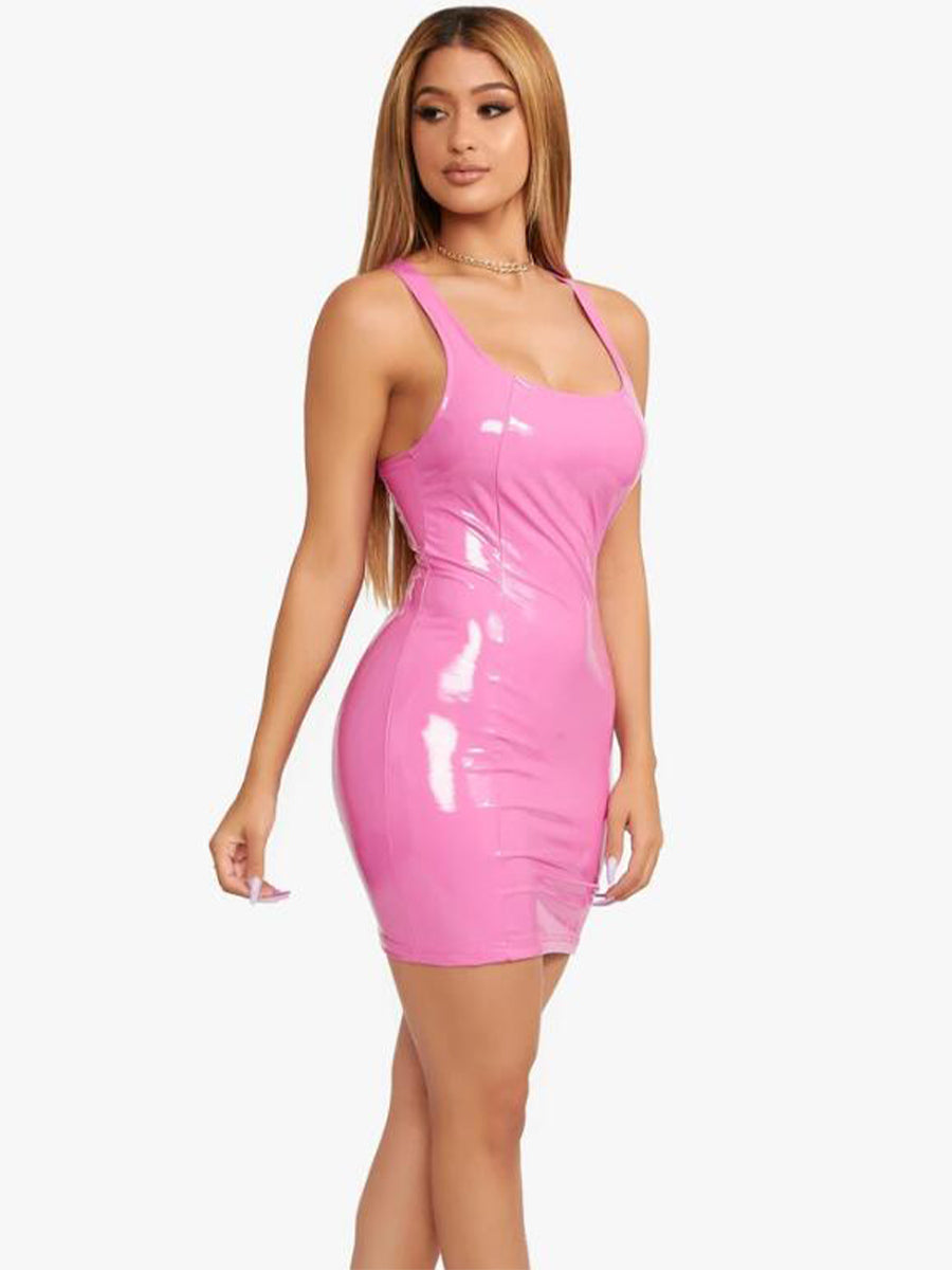 Vibrant, High-Stretch PU Round Neck Bodycon Mini Dress