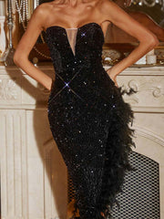 Strapless Backless Sequin Gown with Feather Accents