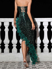 Strapless Backless Sequin Gown with Feather Accents