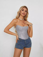 Summer Slim Fit Sexy Strapless Sequin Crop Top
