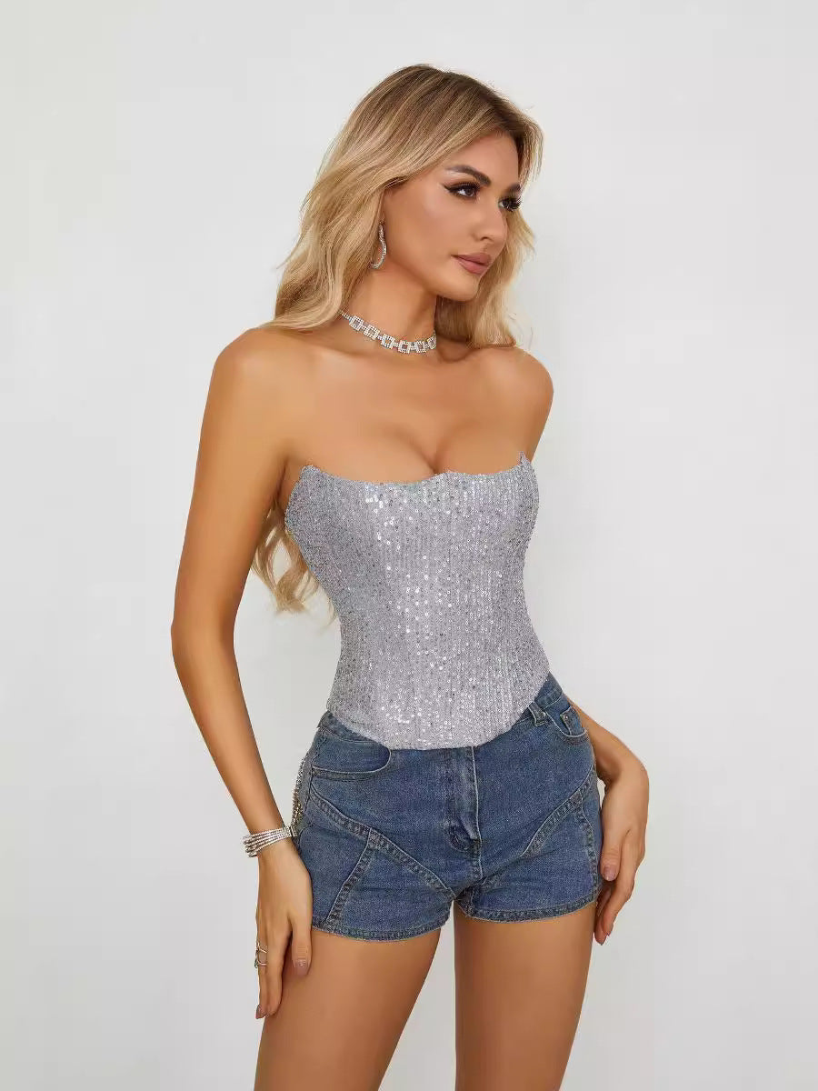 Summer Slim Fit Sexy Strapless Sequin Crop Top