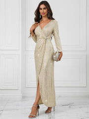 Wrap Sequin Deep V-Neck Long-Sleeve Maxi Dress
