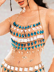 Rhinestone Top and Skirt Set - Metal Chain Crystal Set