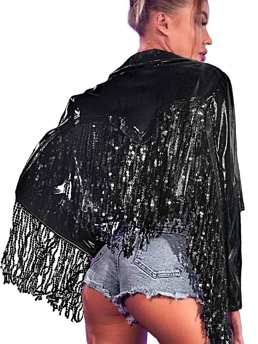 Stylish Women's Black Sequin Fringe Jacket