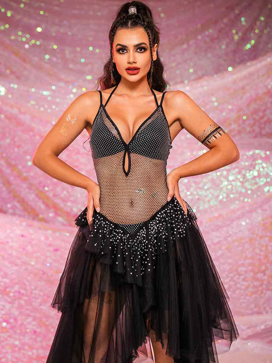 V-Neck Rhinestone Black Dress - Mesh Patchwork Tulle Dress
