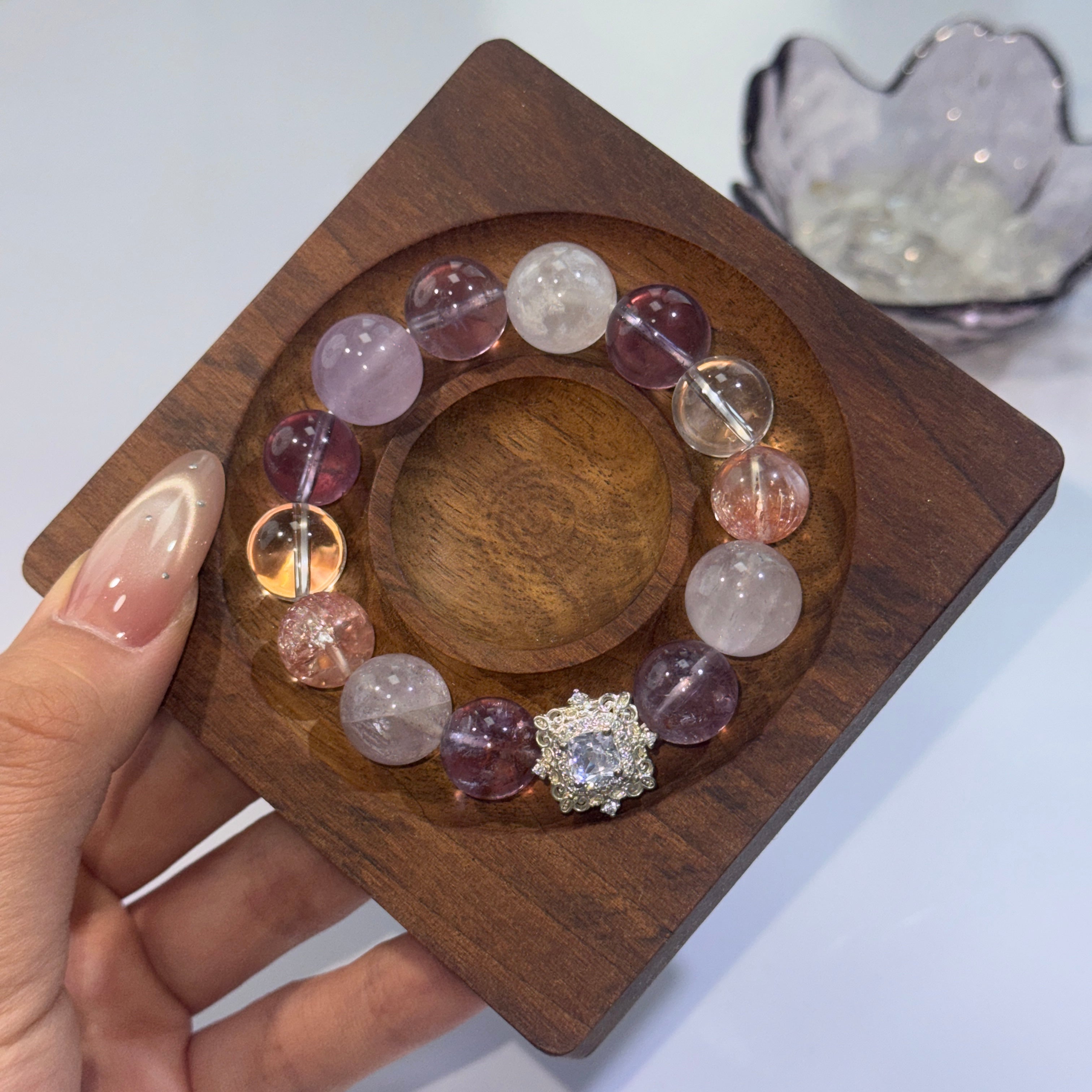 Mixed Purple Crystal Beaded Bracelet, Handmade Natural Stone Bracelet with Zircon Sun Charm