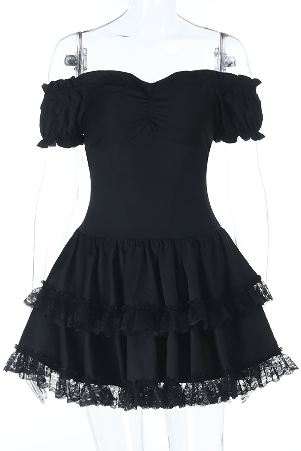 Cami Corset Off Shoulder Lace Ruffled Trim Mini Dresses 2pcs Set-Black