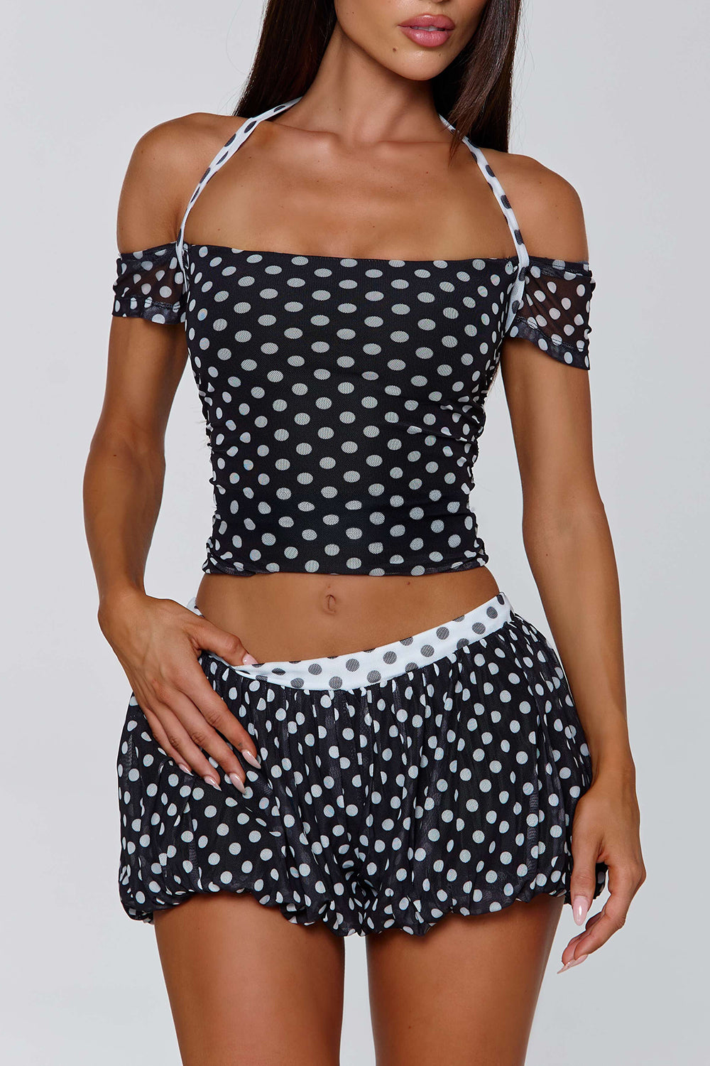 Polka Dot Off Shoulder Halter Top Pumpkin Shorts 2pcs Set-Black Pre Order