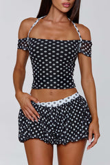 Polka Dot Off Shoulder Halter Top Pumpkin Shorts 2pcs Set-Black Pre Order