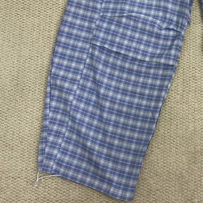 Retro Blue Curved-Leg Plaid Trousers