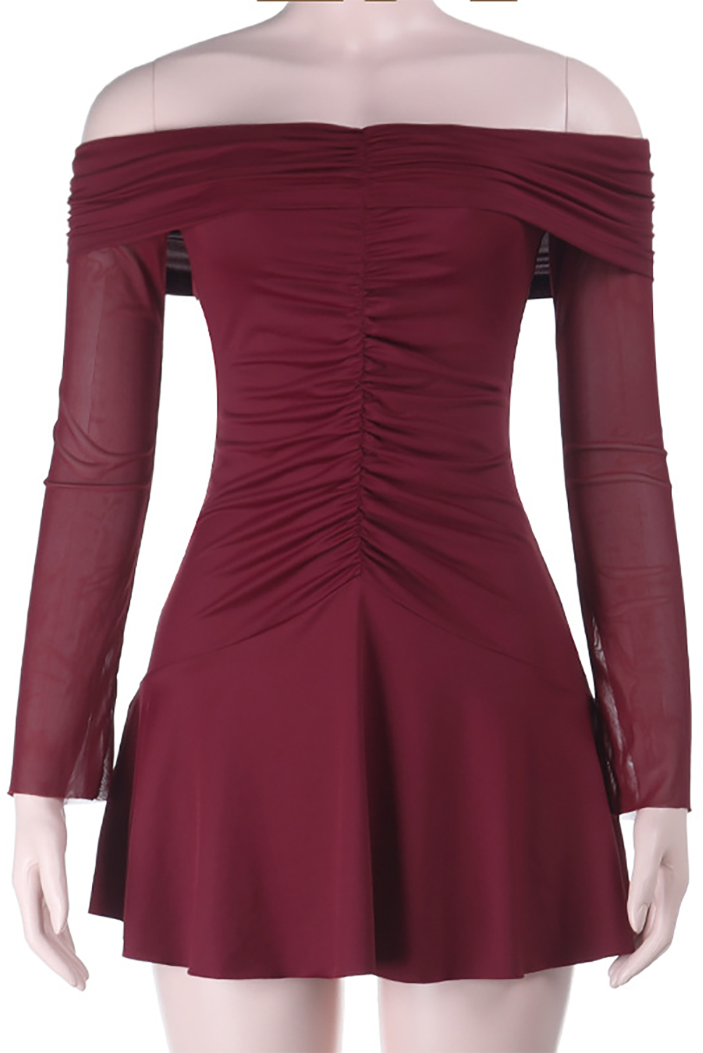 Off Shoulder Boat Neck Long Sleeve Ruched Mini Dresses-Burgundy