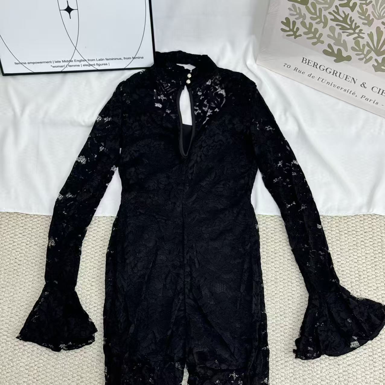 Lace Jumpsuit With Slit Flared Sleeves