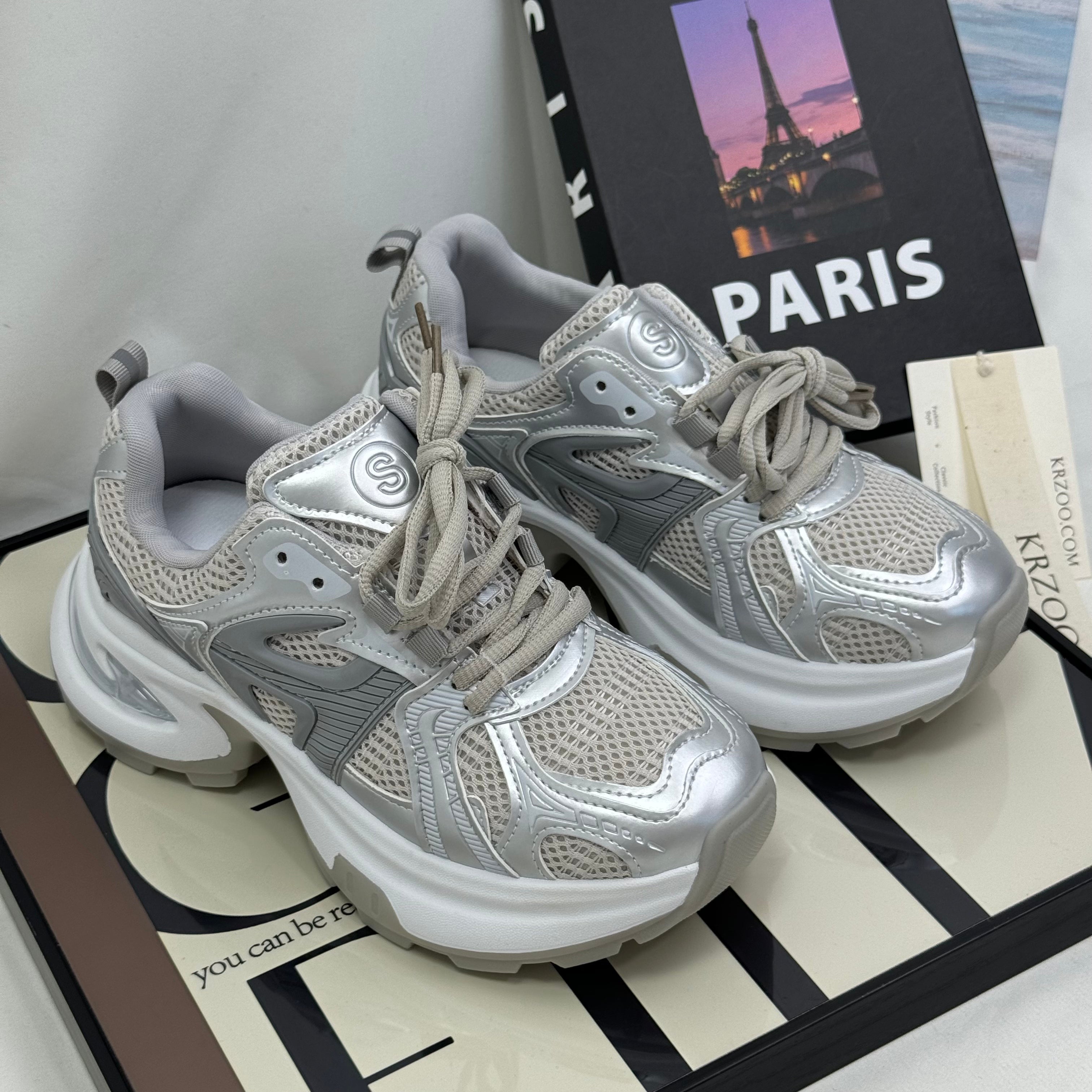 High-top mesh silver dad's shoes
