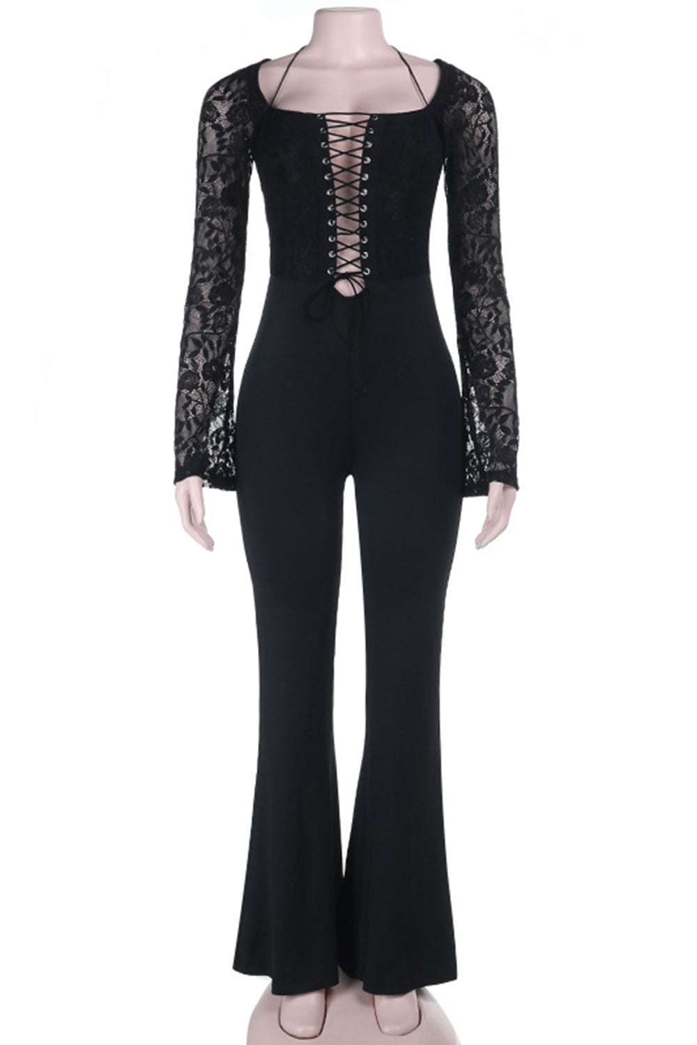 Eyelets Lace-Up Square Neck Lace Patchwork Slim Jumpsuit-Black