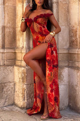 Off Shoulder Rosette Leopard Print Irregular Hem Maxi Dresses-Red Pre Order