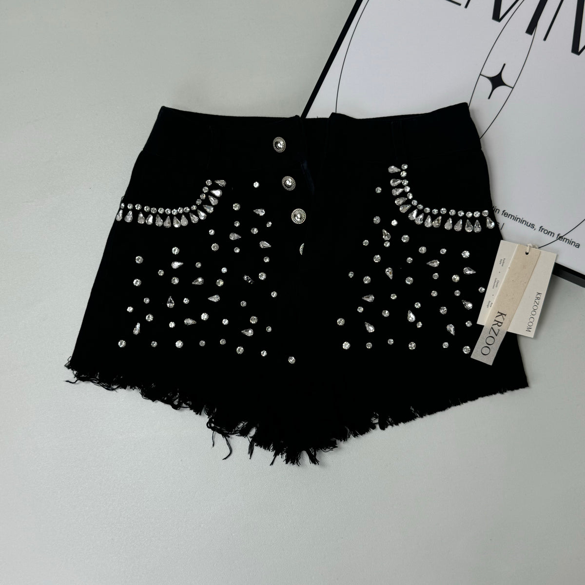 Waterdrop bead fringed denim shorts