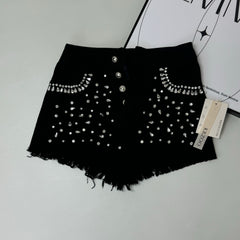 Waterdrop bead fringed denim shorts