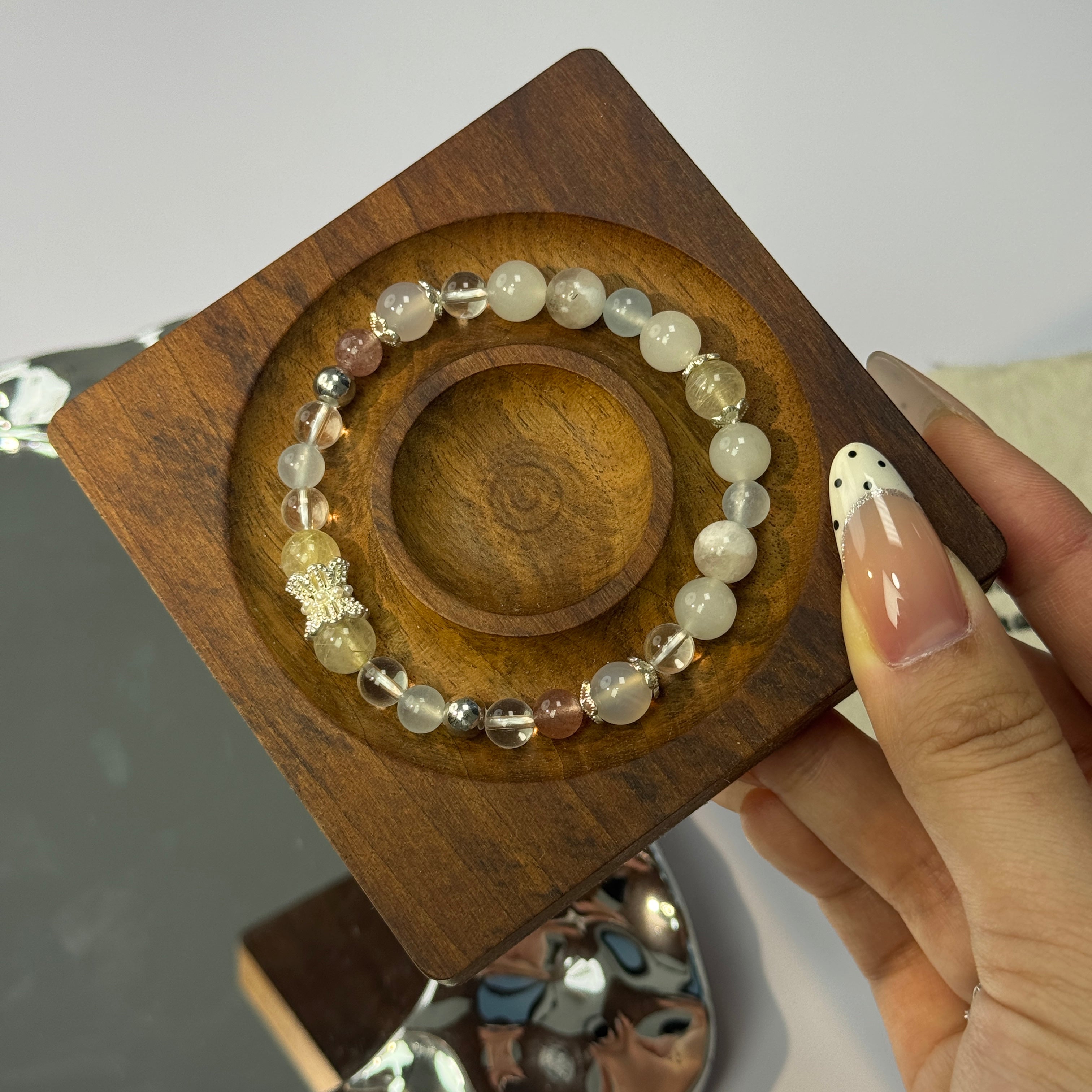 Natural Moonstone Citrine Strawberry Quartz Clear Quartz Bracelet, Handmade Healing Crystal Beaded Bracelet
