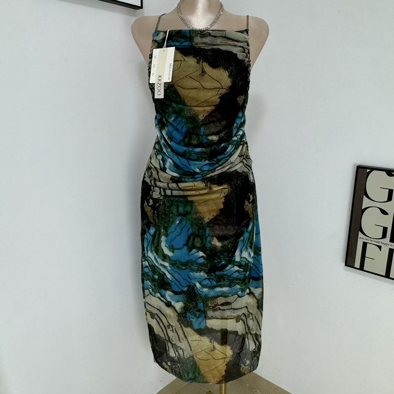 Printed silk net halter top dress