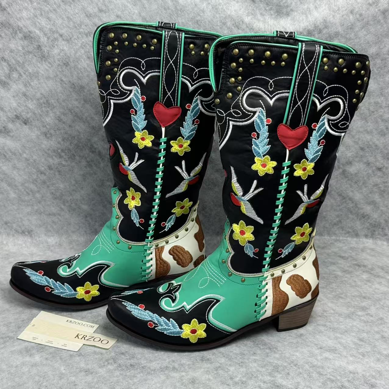 Embroidered rivet color-matched high boots