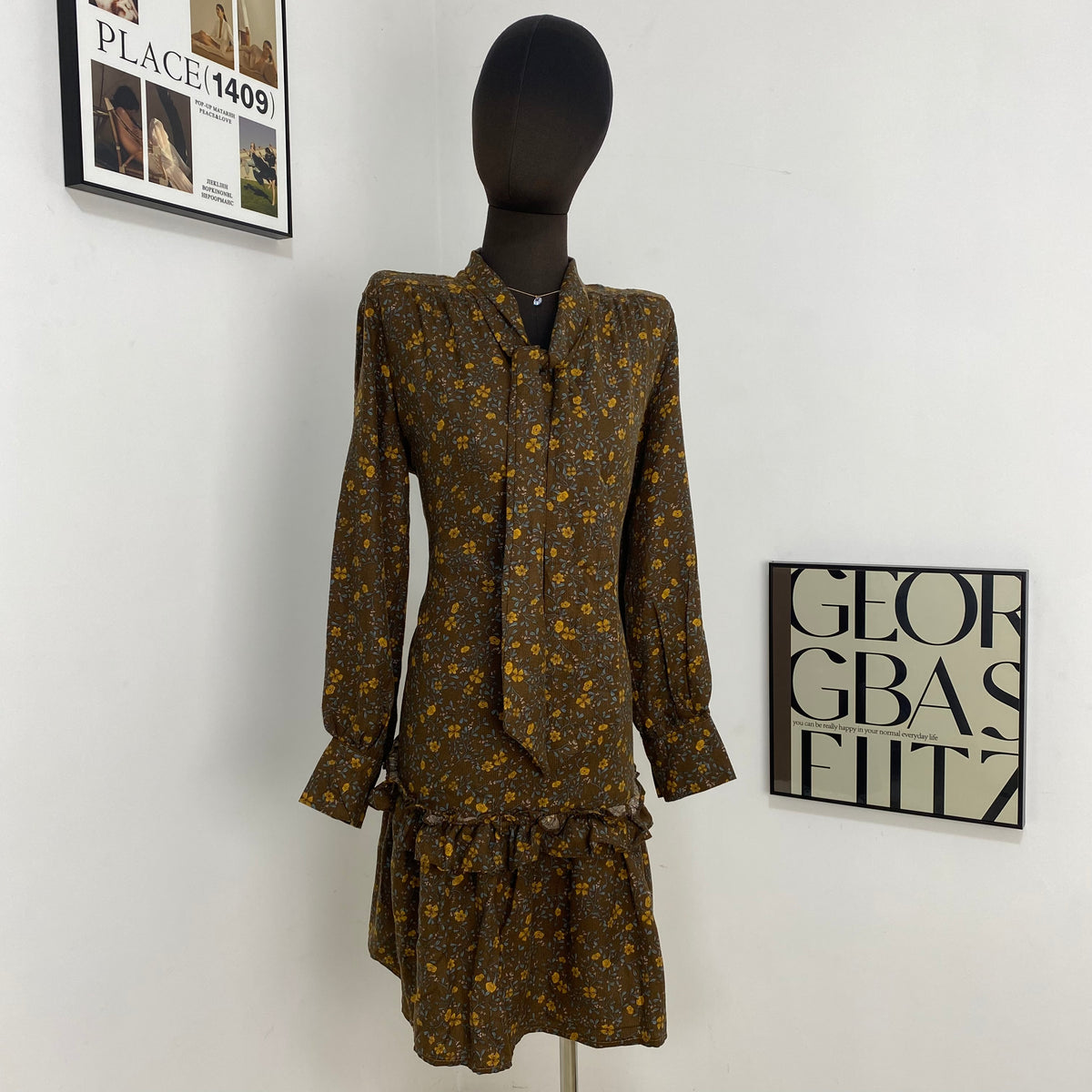 Brown Lace-Up Floral Dress