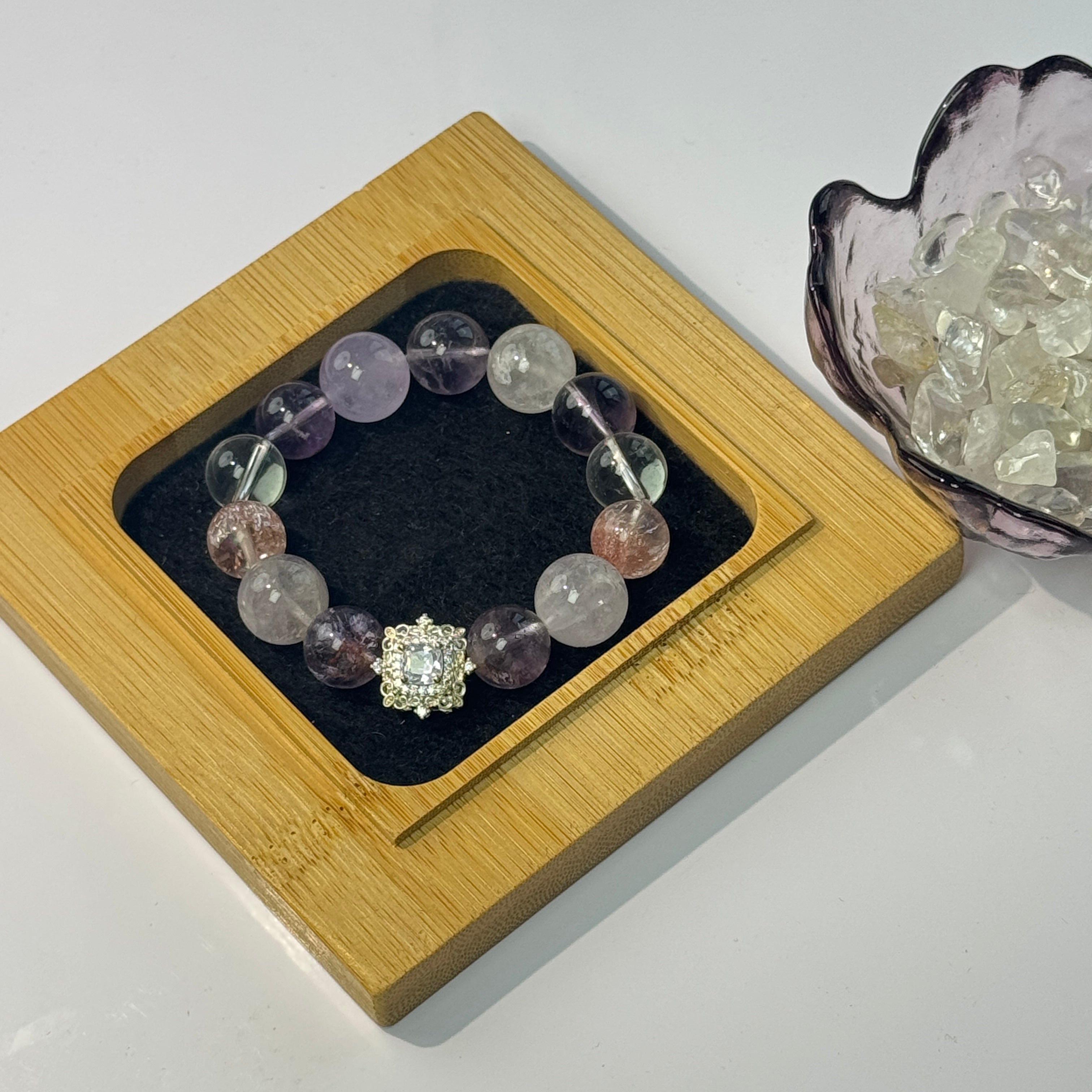 Mixed Purple Crystal Beaded Bracelet, Handmade Natural Stone Bracelet with Zircon Sun Charm