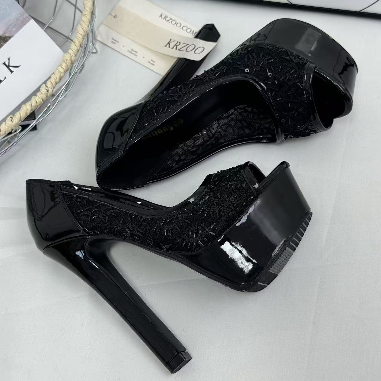 Lace open-toe stiletto heels
