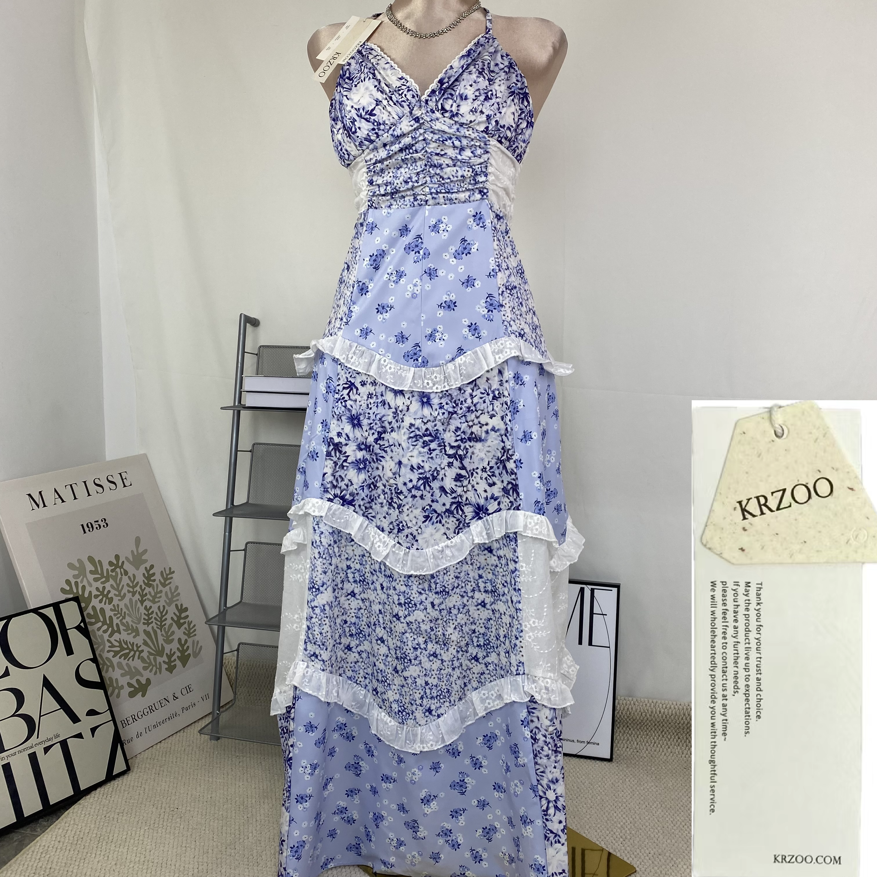 Lace patchwork design floral halter dress