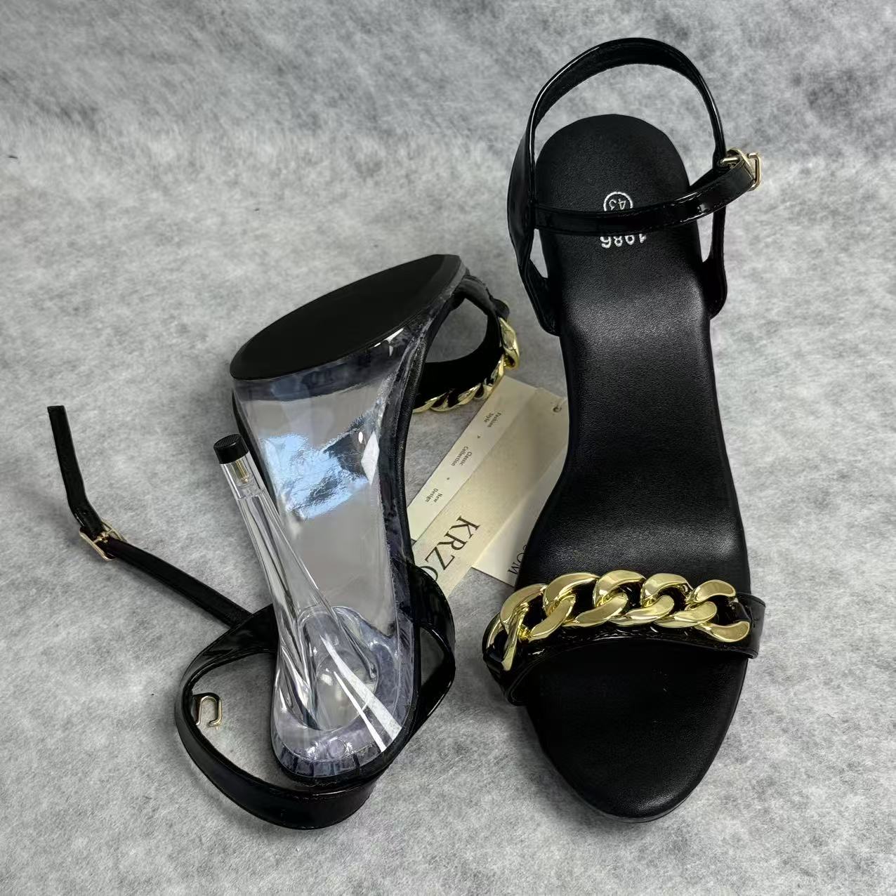 Transparent metal buckle thick heel ultra-high heel