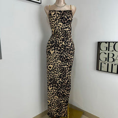 Irregular High-Slit Leopard Print Dress