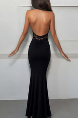 Lace Patchwork Halter Collar Backless Bodycon Party Maxi Dresses-Black