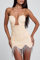 Notch Strapless Neck Sequin Fringe Bodycon Mini Dresses-Beige Pre Order