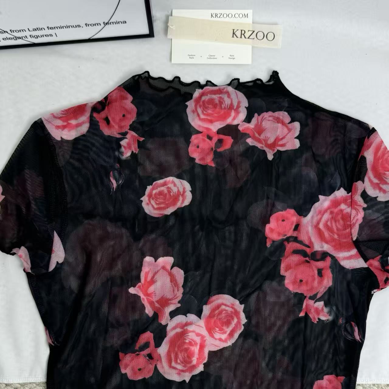 Mesh T-Shirt with Floral Print and Short Sleeves