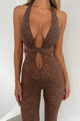 See Through White Lace V Neck Cutout Sleeveless Jumpsuit  White