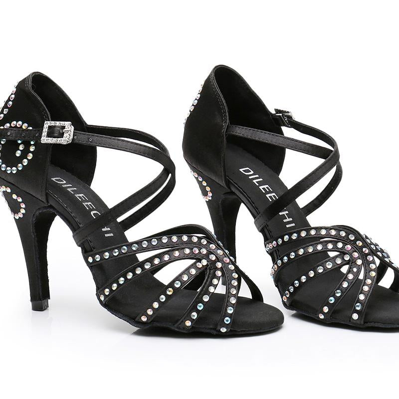 Women's Black Customized Heel Satin Rhinestones Strappy Ballroom Latin Dance Shoes